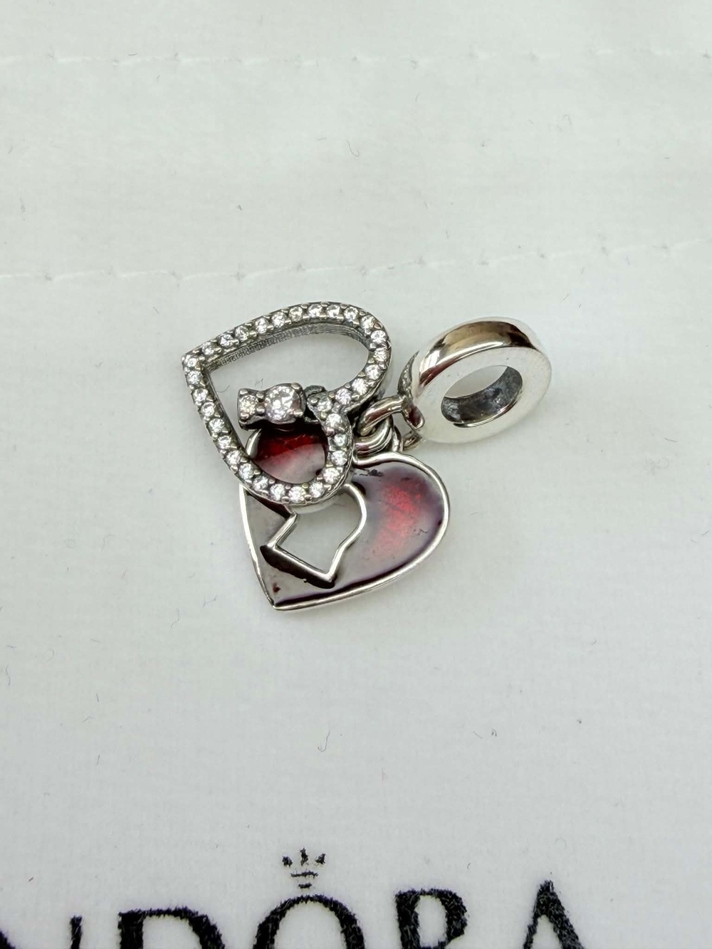 Pandora Silver Double Heart Dangle Charm with Red Enamel